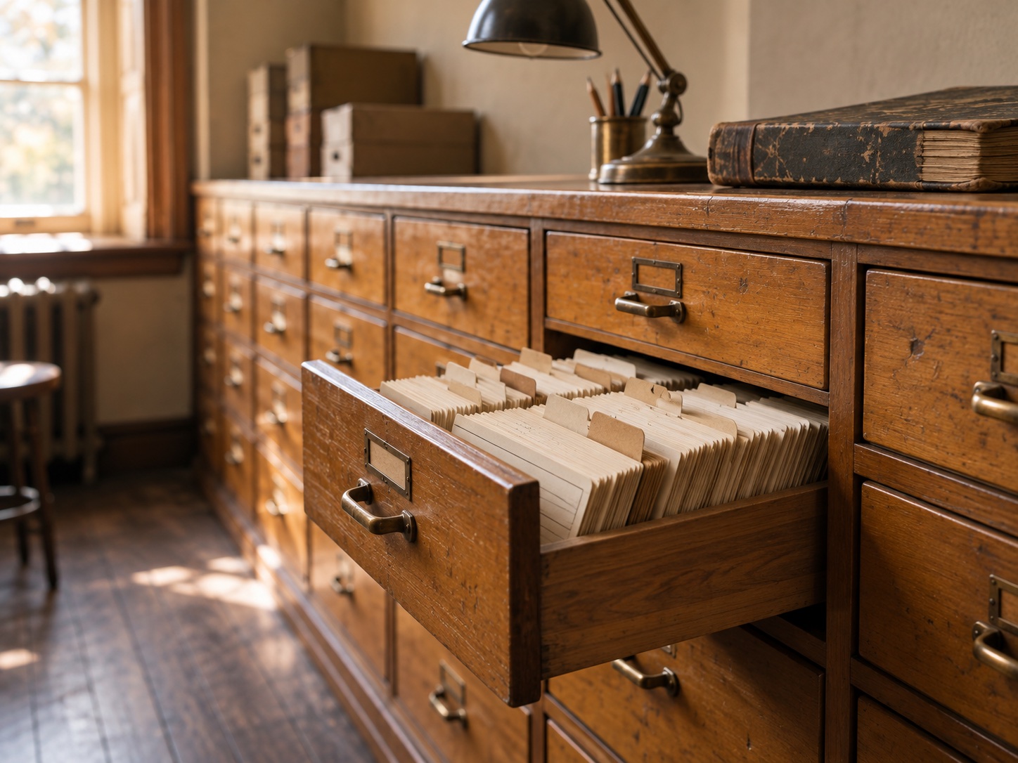 A wooden index-card cabinet with one drawer pulled open to reveal neatly filed cards