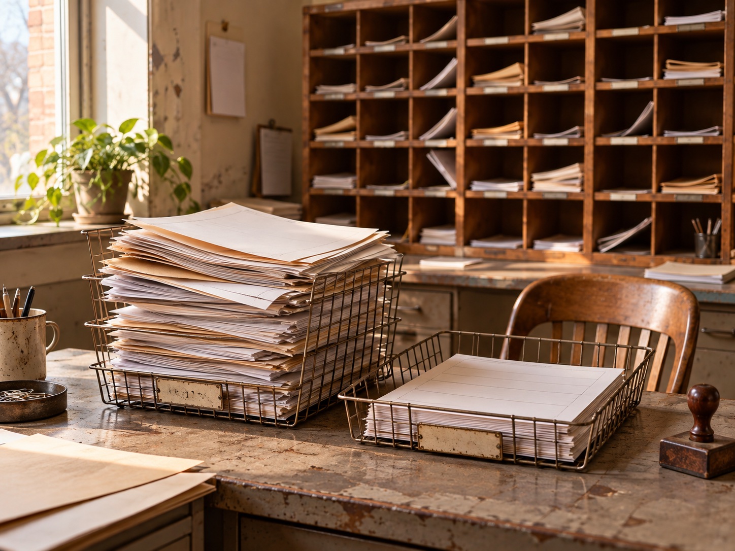 An overflowing wire tray and a neatly sorted tray of paper forms in front of wooden pigeonholes